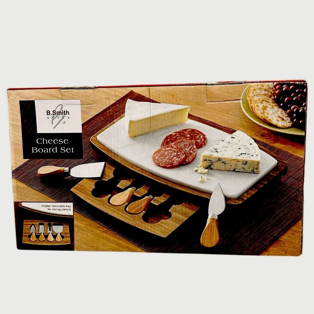 B. SMITH Cheese Board Set Bamboo Marble Hidden Drawer 4 Utensil Charcuterie Gift